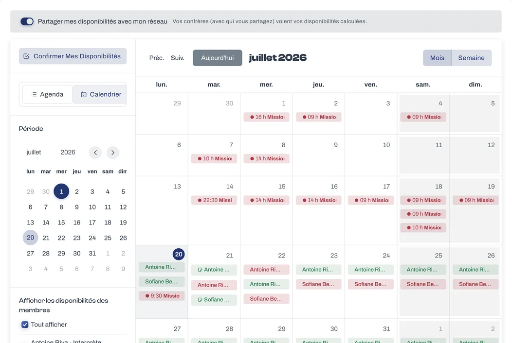 Calendrier des disponibilités dans MémoJ : le mois de juillet 2026 avec les missions planifiées et les disponibilités partagées par les confrères du réseau.
