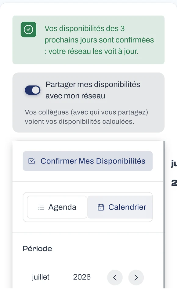 Écran Disponibilités de l’application MémoJ sur mobile : le partage sélectif des disponibilités avec le réseau de confrères et le calendrier du mois.