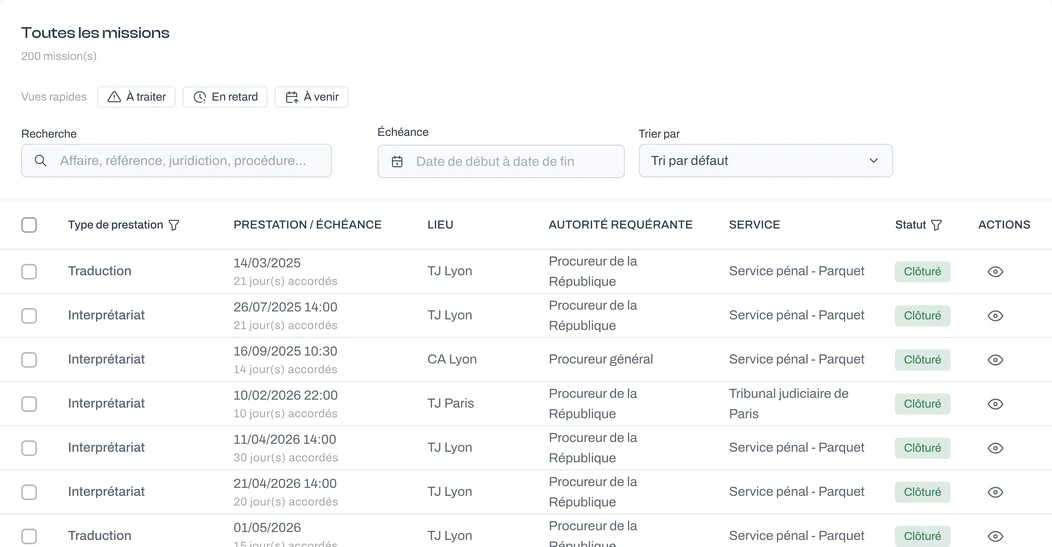 Écran Missions de MémoJ : la liste des missions avec le type de prestation, l’échéance, le lieu, l’autorité requérante et le service concerné.