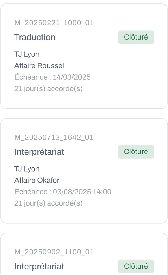 Écran Missions de l’application MémoJ sur mobile : la liste « Toutes les missions », 200 missions, avec les vues rapides à traiter, en retard et à venir.